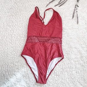 Cupshe red maroon v-neck one piece swimsuit with see through mid section